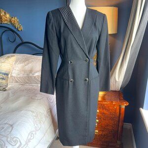 90s Vintage Double Breasted Black Pencil Suit Dress